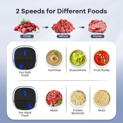 Ganiza Food Processor with Dual Bowls, 2-Speed Food Chopper & Meat Grinder | 8Cup Stainless & 8Cup Glass Bowls, Upgraded Button & Smart Overheat Protection Light - Includes Clean Brush, 2 Sets of Blades