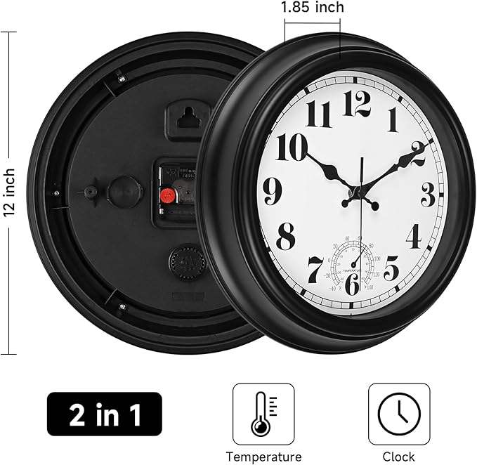 12 Inch Outdoor Clock with Thermometer - Waterproof Outdoor Clocks, Silent Non-Ticking Large Decorative Patio Clock for Garden, Porch, Pool, Backyard, Weather Resistant Wall Clocks(12inch Black)