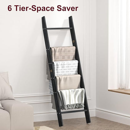HONEST OUTFITTERS Blanket Ladders for The Living Room, 6-Tier Blanket Holder, Wall-Leaning Blanket Rack, Ladder Shelves, Wooden Quilt Ladder, Farmhouse Decor, Black