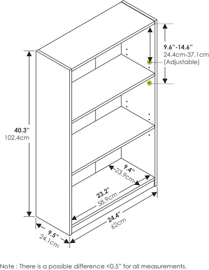 Furinno Jaya Book Shelf, 3-Tier Bookshelf, Bookcase with Adjustable Shelves, 9.5 x 24.5 x 40.3, for Living Room, Bedroom, Home Office, Blackwood
