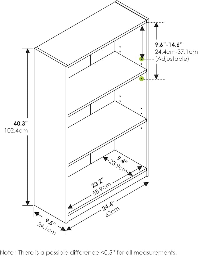 Furinno Jaya Book Shelf, 3-Tier Bookshelf, Bookcase with Adjustable Shelves, 9.5 x 24.5 x 40.3, for Living Room, Bedroom, Home Office, White