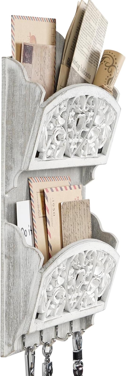 Mail Organizer with Key Holder,2-Slot Mail Holder with 4 Key Hooks for Wall Decorative, Wooden Hanging Organizer for File Letter in Shelf Home Farmhouse Decor for Entryway Office