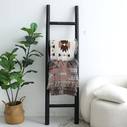 FUIN 57in Wood Blanket Ladder Living Room Decorative Wall Leaning Farmhouse Quilt Display Holder Rustic Wooden Towel Rack for Bathroom, Black