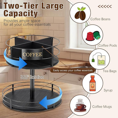 Sieral 360° Rotating Coffee Bar Organizer 2 Tier Coffee Bar Lazy Susan Wood Metal Station Organizer Holder with Convenient Grab-and-go for Countertop Pod Syrup Mug Tea Spice Snack Kitchen Office