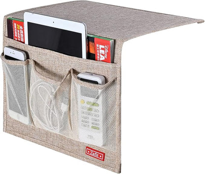 Zafit Linen 4 Pockets Bedside Caddy, Bedside Storage Organizer for Magazine, Remotes, Phone (Beige, Classic 4 Pockets)