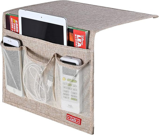 Zafit Linen 4 Pockets Bedside Caddy, Bedside Storage Organizer for Magazine, Remotes, Phone (Beige, Classic 4 Pockets)