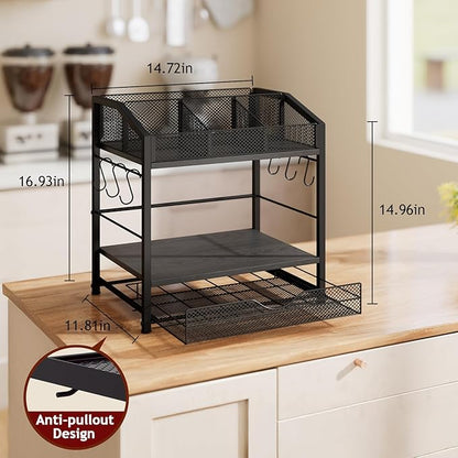 Homsorout Coffee Bar Organizer - Countertop Coffee Station, 42 K Cup holder Storage Basket with Drawer and Hooks for Syrup, Cups, Stirrer, Condiment, Tea Organizer, Black