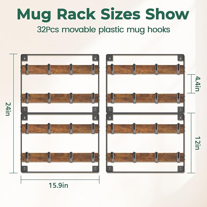 EsLuker.ly Mug Holder Hanger Rack Wall Mounted Wooden 4 Pack Coffee Cup Storage Organizer Display Shelf with 32 Movable Plastic Hooks, Ideal for Mug Collectors