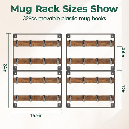 EsLuker.ly Mug Holder Hanger Rack Wall Mounted Wooden 4 Pack Coffee Cup Storage Organizer Display Shelf with 32 Movable Plastic Hooks, Ideal for Mug Collectors