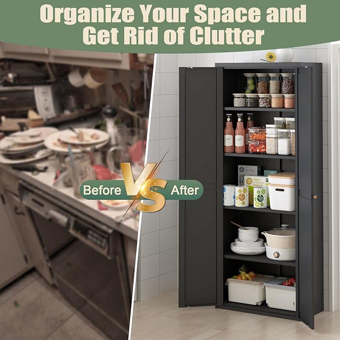 71" Tall Kitchen Pantry Storage Cabinet, Black Metal Storage Cabinets with Doors and Adjustable Shelves,5 Tier Freestanding Kitchen Cupboard for Dining Room Office Bathroom