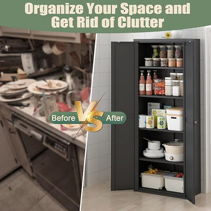 71" Tall Kitchen Pantry Storage Cabinet, Black Metal Storage Cabinets with Doors and Adjustable Shelves,5 Tier Freestanding Kitchen Cupboard for Dining Room Office Bathroom