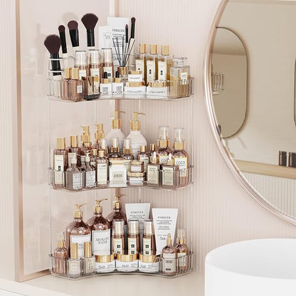 Asayuee 3-Tier Corner Bathroom Counter Organizer with Top Toothbrush Holders,Large Makeup Organizer Countertop with Brush Holder,Skincare Organizers Corner,Exquisite Vanity Organizer (Clear, 3 Tier)