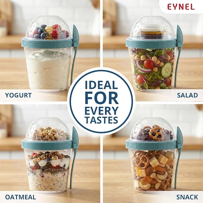 4 Pack 17 oz Small Breakfast On The Go Yogurt Parfait Cups, Reusable Plastic Containers with Lids and Spoons, Perfect Jars for Overnight Oats Cereal Granola Oatmeal (5 Colors)