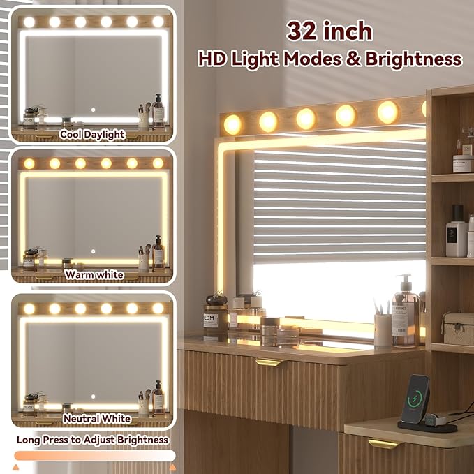 43" Fluted Makeup Vanity Desk with 32" Mirror and Lights, Modern Glass Top Large Vanity Table with 5 Drawers and 2 Storage Cabinets, Dressing Table Set with Charging Station for Bedroom-Gold