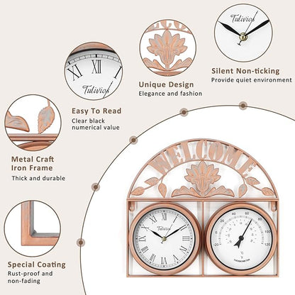17Inch Large Outdoor Clock,Waterproof Wall Clock with Thermometer,Weatherproof Non-Ticking Quartz Battery Operated Decor Clock for Patio,Garden,Pool,Porch,House Warming Gifts