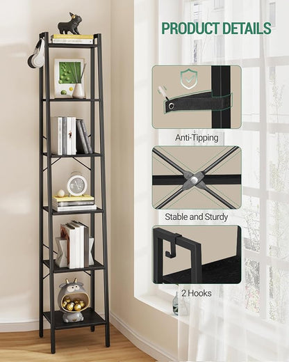Ladder Shelf, Bookshelf Bookcase, Freestanding Corner Storage Shelve with 2 Hooks for Home Office, Living Room, Kitchen, Bedroom, Industrial, 11.8" D x 13.4" W x 72.8" H, Black BC13304B