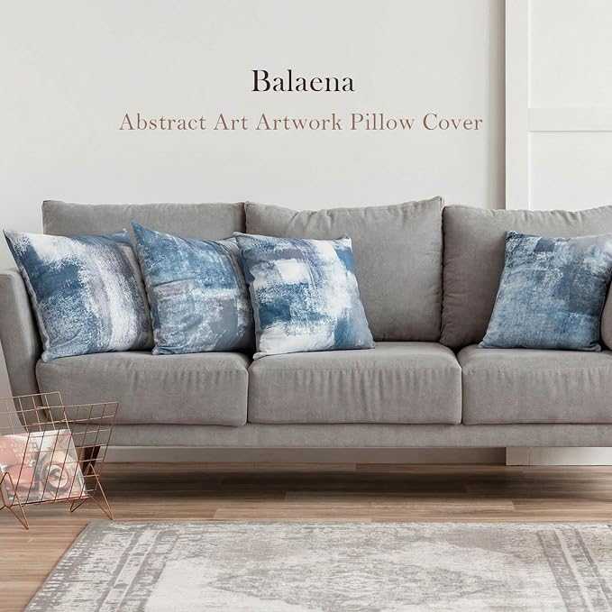 Set of 4 Blue and Grey Abstract Art Artwork Pillow Cover 20 x 20 Inch, Gallery Modern Decorative Throw Pillows Cushion Cover for Bedroom Sofa Living Room