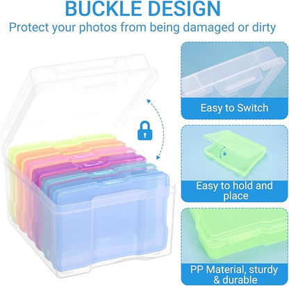 COSICS Photo Storage Box 5" x 7", Extra Large Transparent Plastic Photo Organizer Craft Keeper with 6 Colorful Inner Case for Cards, Pictures, Stamps, Stickers, Seeds, Office Supplies