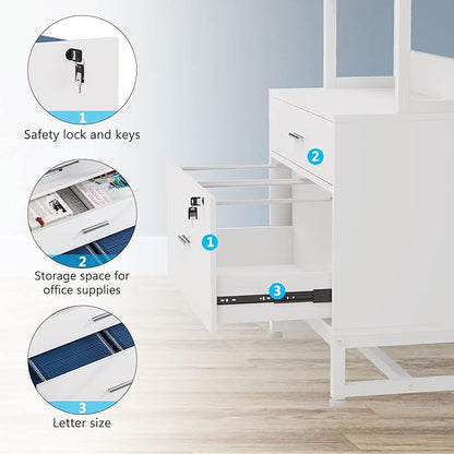 Tribesigns 2 Drawer Vertical File Cabinet with Lock & Bookshelf (Set of 2), Letter Size Large Modern Filing Cabinet Printer Stand with Open Storage Shelves for Home Office, White