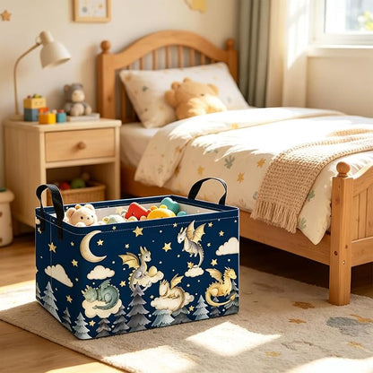 Rectangular Dragon Pattern Storage Bin, Decorative Canvas Laundry Basket with Dual Handles, Foldable Toy & Household Organizer, Multipurpose Party Gift Basket for Home Bedroom Dorm(Cute Dragon)