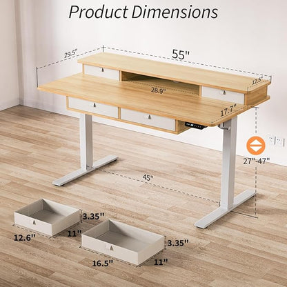 Kingant 55 x 30 Inch Electric Standing Desk with 4 Drawers, Adjustable Height Computer Desk for Home Office, Large Workstation Sit Stand Up Desk with Built-in USB A/C Charging Ports, Nature