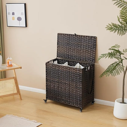 Laundry Hamper with Wheels, 39.6 Gallon(150L) Rolling Laundry Basket with Lid, 3-Section Rattan Clothes Hamper with 3 Removable Liner & 3 Mesh Bags, Laundry Sorter with Side Pocket, Brown