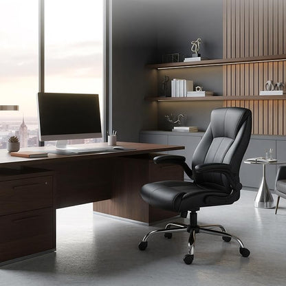 Big and Tall Office Chair for Heavy People, 500LBS High Back Extra Wide Executive PU Leather Office Chair with Flip-Up Armrests, Quiet Rubber Wheels, Comfortable Home Office Desk Chair