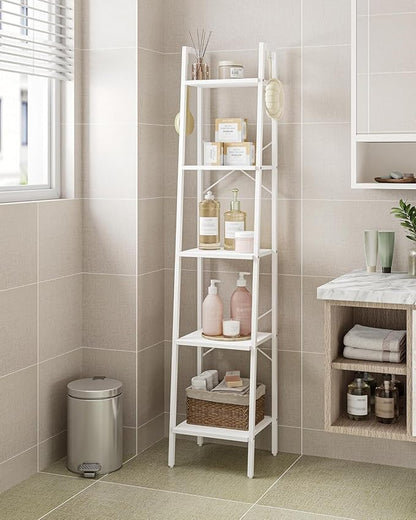 Ladder Shelf, Bookshelf Bookcase, Freestanding Corner Storage Shelve with 2 Hooks for Home Office, Living Room, Kitchen, Bedroom, Industrial, 5-Tier White BC03213W