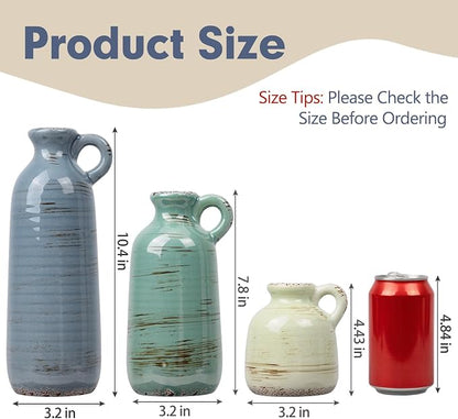 Ceramic Vase Set of 3, Vase with Handle, Modern Farmhouse Vases for Pampas Grass & Dried Flowers, Flower Vase for Table Living Room Home Decor-Multicolor