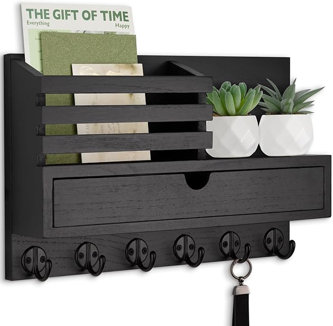 Key Holder Wall Mount, Mail Holder with Storage Drawer and 6 Key Hooks for Coat, Dog Leash, Home Decor Rack, House Accessories, Entry Way Organizer