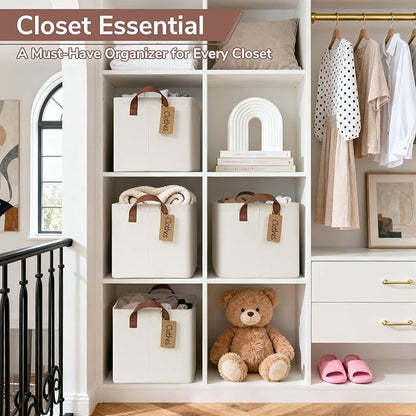 CHICVITA 4 Pack Large Storage Baskets for Shelves, Collapsible Closet Organizer Bins with Metal Frame, Fabric Storage Bins for Clothes Towels Organization, 16.8" x 11" x 9.8", Beige