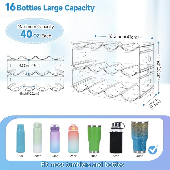 Amaoot Large Compartment Water Bottle Organizer Rack,3 Pack Stackable Tumbler Storage for Kitchen Fridge Cabinet Organization and Storage,Wine/Drink/Water Bottle Storage Organizer