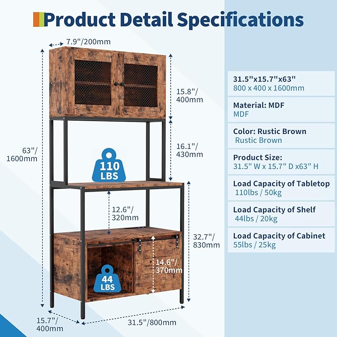 GarveeHome 5-Tier Bakers Rack with Charging Station and Storage, Kitchen 63" Industrial Microwave Stand Freestanding Utility Shelves Shelf for Dining Room Living Room Apartments – Vintage Brown