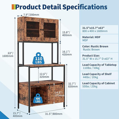 GarveeHome 5-Tier Bakers Rack with Charging Station and Storage, Kitchen 63" Industrial Microwave Stand Freestanding Utility Shelves Shelf for Dining Room Living Room Apartments – Vintage Brown