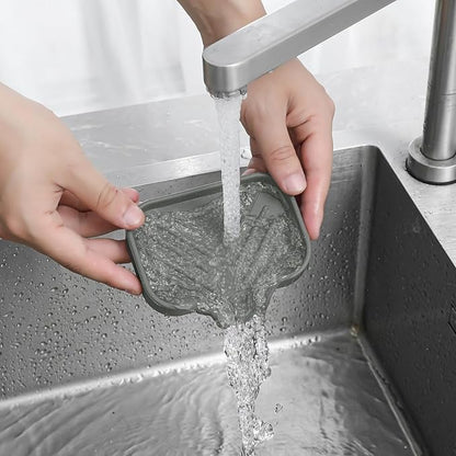 MicoYang Silicone Soap Dish with Drain Spout, Self-Draining Sink Organizer Tray for Bathroom and Kitchen, Sponges, Dispensers and Soap Holder, Non-Slip and Dishwasher Safe, Grey (Compact, 4.9"×3.2")