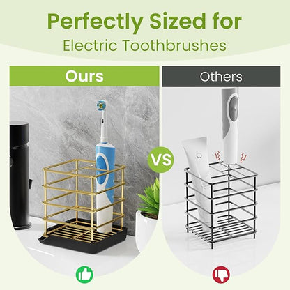 Toothbrush Holders for Bathrooms, Stainless Steel Toothbrush Holder Kids Electric 3 Slots Tooth Brushing Holder Stand and Toothpaste Holder for Bathroom Accessories Organizer with Tray, Gold