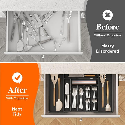 Lifewit Utensil Organizer for Kitchen Drawer, Expandable Cooking Silverware Tray, Adjustable Cutlery Flatware Holder, Plastic Spatula Tools Storage Divider, 13-22.4 x 15", Black