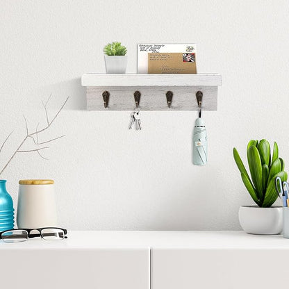 Rustic Key Holder for Wall, Farmhouse Wall Shelf with 4 Hooks, Wall Mounted Key Racks, Wooden Mail Organizer with Hooks for Entryway (White)