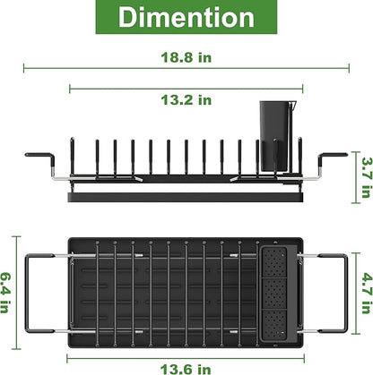 Dish Drying Rack Over the Sink Expandable In Small Black Drainer Dry for Kitchen Counter, Metal Stainless Steel Compact Dishes Drain with Tray, Space Saving Extendable Modern Plate Strainer Holder