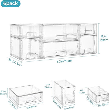 Vtopmart 6 Pack Clear Stackable Storage Drawers,Easy to Assemble Pantry Organizers and Storage with handles,Plastic Drawers for Kitchen Pantry,Cabinet,Under Sink Organization