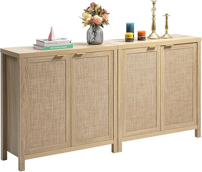 SICOTAS Rattan Sideboard Buffet Cabinet with Large Storage : Boho Credenza Coffee Bar Cabinet with Adjustable Shelves, Farmhouse Console Table for Kitchen, Living Room, Entryway, Natural, 2 Pieces