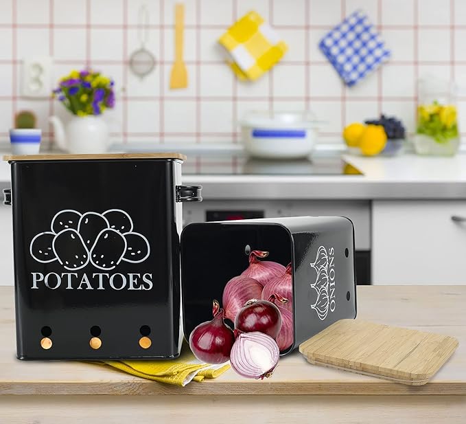 Kitchen Vegetable Storage Tins Set of 2, Onion and Potato Storage Bins with Wooden Lid and Aerating Holes, Garlic Bin Caddy, Vintage Kitchen Decor, Black