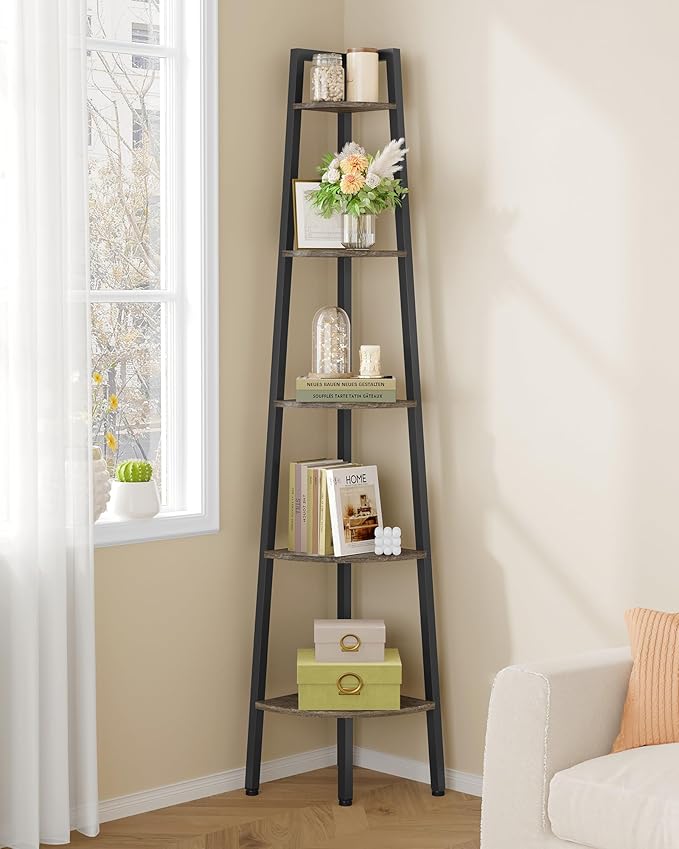 Hoctieon Corner Shelf, 5-Tier Corner Bookshelf, Rustic Ladder Shelf, Industrial Display Stand for Living Room, Kitchen, Home Office, Balcony, Small Space, Metal Frame, Grey