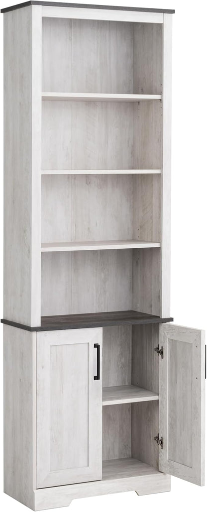 Prepac Rustic Ridge Bookcase with Doors, Washed White Storage Cabinet with Doors and Shelves, Accent Cabinet 26" W x 79.75" H x 12.5" D, ASBR-1630-1