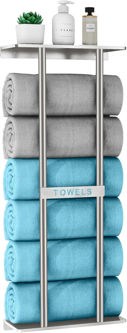 STWWO Bathroom Towel Storage for Bathroom, Wall Towel Rack for Rolled Towels, 30 inch Towel Holder Wall Mounted with Metal Shelf Can Holds 6 Large Towels, Brushed Nickel