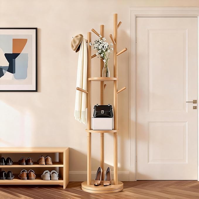 Solid Wood Rotary Coat Rack, Coat Rack Freestanding with 3 Storage Shelves & 9 hooks, Coat Tree for Entryway, Livingroom, Bedroom, Coat Hanger Stand for Coats, Scarves, Handbags, Hat (Natural)