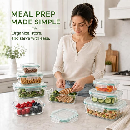 Melovom 8 Pack Glass Food Storage Containers with Lids, Airtight Glass Meal Prep Containers Set, Borosilicate Glass Food Storage Containers, BPA-Free Lids, Microwave, Oven, Freezer & Dishwasher Safe