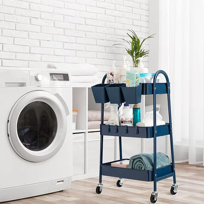 danpinera 3-Tier Rolling Cart, Utility Cart Mobile Metal Rolling Storage Cart with Lockable Wheels & Hanging Cups & Hooks for Kitchen, Bathroom, Office, Workshop, Dark Blue