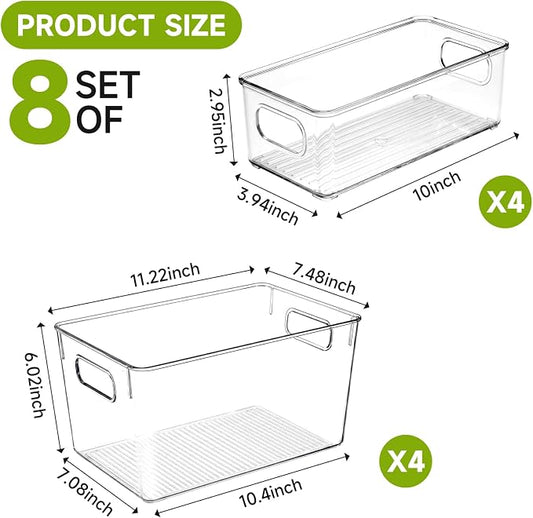 YKIOKE 8 Pack Clear Plastic Storage Bins with Handles,4 Large and 4 Small Stackable Organizer Containers for Kitchen, Countertops, Cabinets, Fridge, Drinks, Fruits, Vegetable, Cereals
