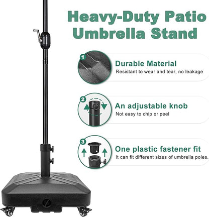 Patio Umbrella Base Heavy Duty with Wheels Square Market Stand for Outdoor 4 Locks 2 Knobs 125lb Capacity, Black